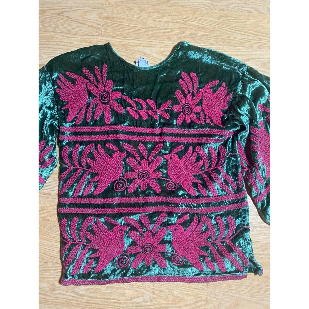 Sister Mary Green Crushed Velvet Embroidered Bird Floral Puff Sleeve Top XS